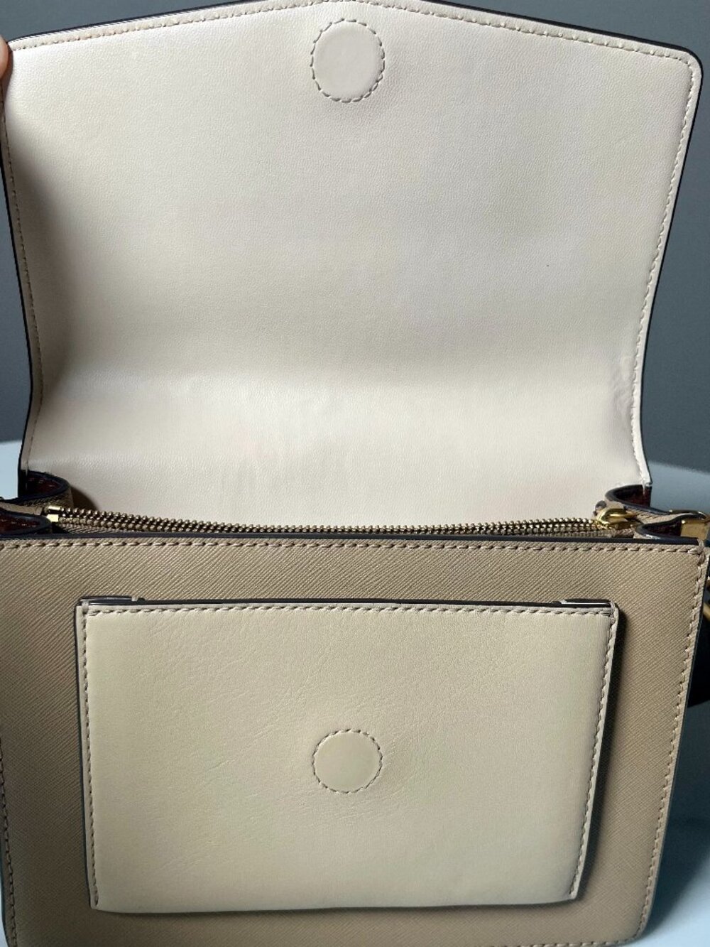 Tory Burch Robinson Color Block Saffiano Leather Flap Shoulder Bag Ivory/Taupe - Picture 12 of 16